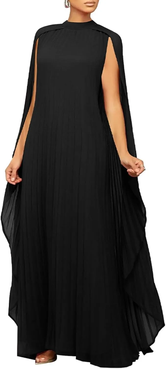watersouprty Women's Mock Neck Cloak Sleeve Pleated Flowy Party Long Dress Wedding Guest Dresses