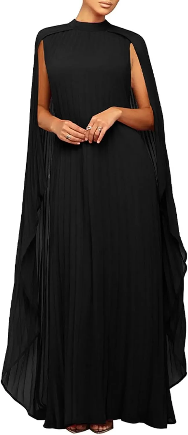 watersouprty Women's Mock Neck Cloak Sleeve Pleated Flowy Party Long Dress Wedding Guest Dresses