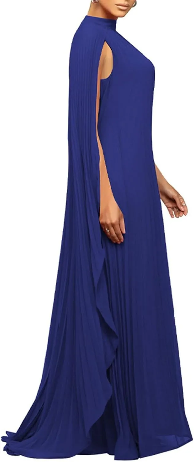 watersouprty Women's Mock Neck Cloak Sleeve Pleated Flowy Party Long Dress Wedding Guest Dresses