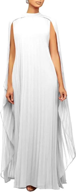 watersouprty Women's Mock Neck Cloak Sleeve Pleated Flowy Party Long Dress Wedding Guest Dresses