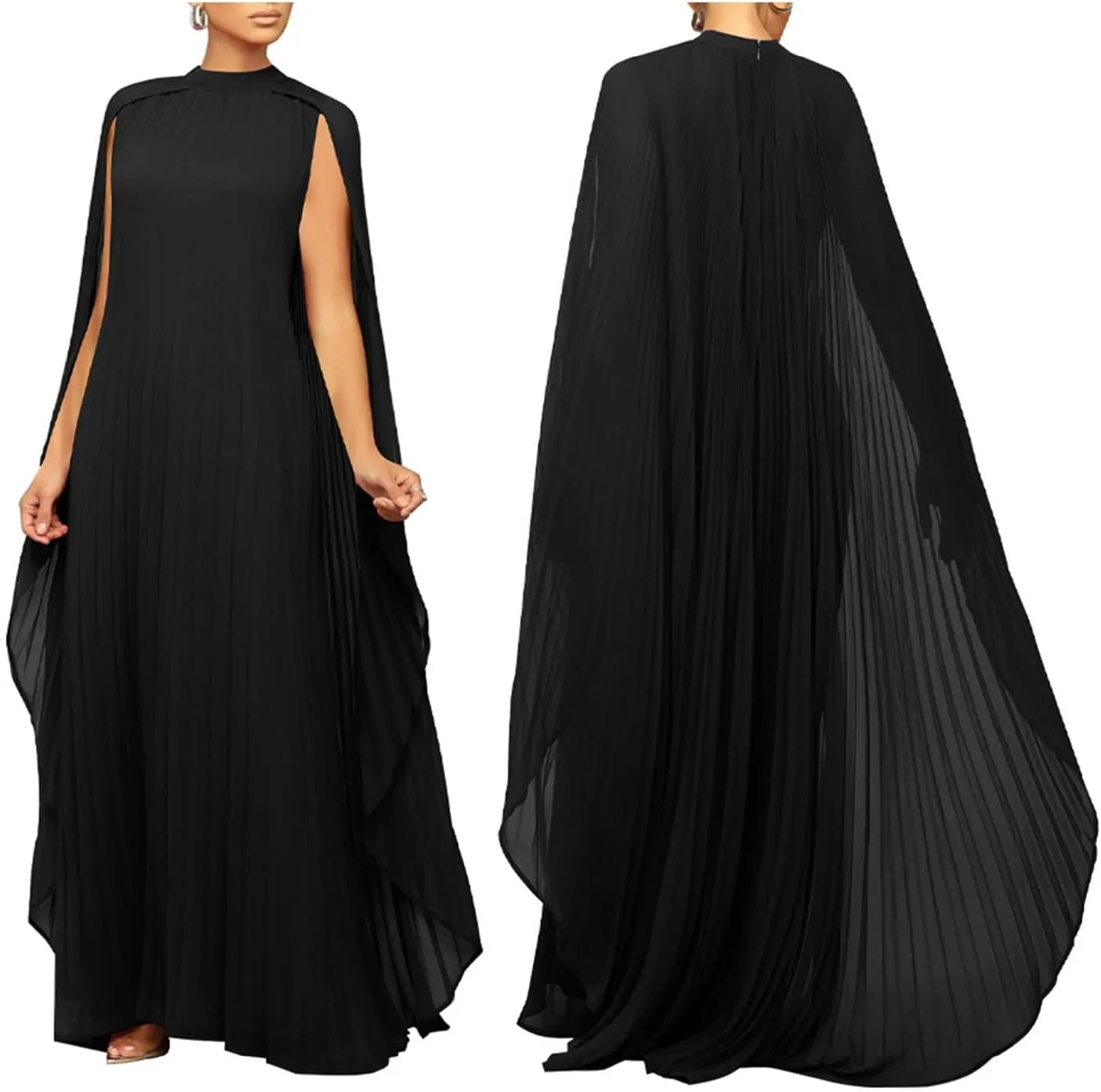 watersouprty Women's Mock Neck Cloak Sleeve Pleated Flowy Party Long Dress Wedding Guest Dresses