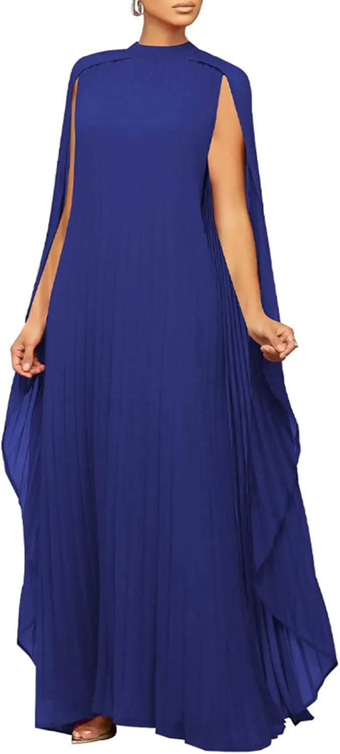 watersouprty Women's Mock Neck Cloak Sleeve Pleated Flowy Party Long Dress Wedding Guest Dresses
