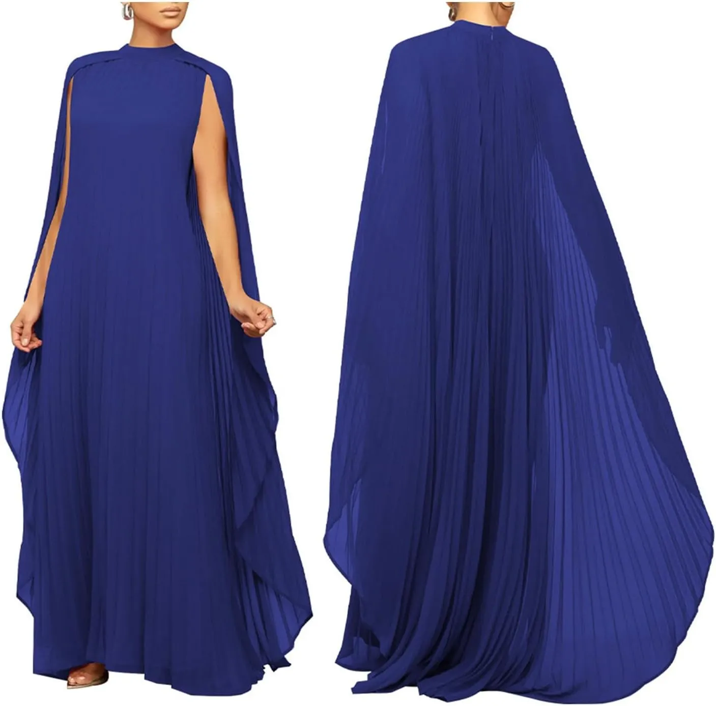 watersouprty Women's Mock Neck Cloak Sleeve Pleated Flowy Party Long Dress Wedding Guest Dresses