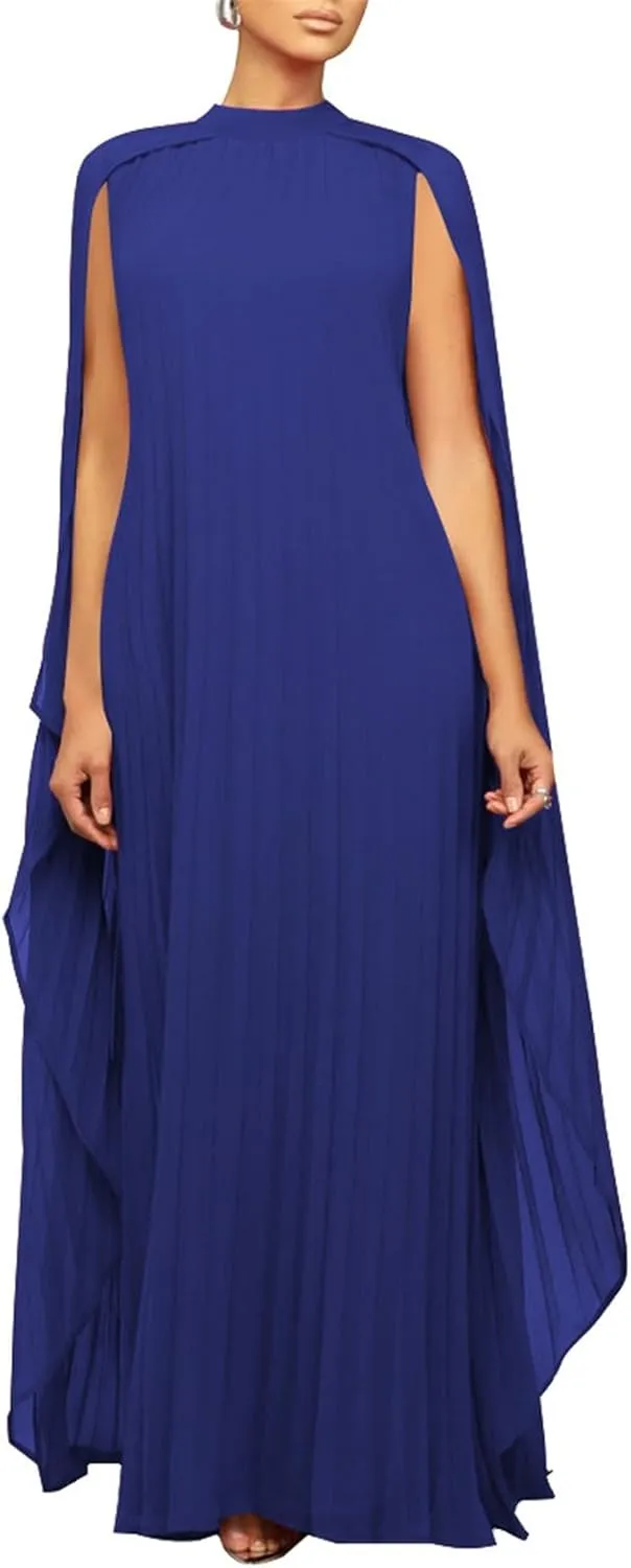 watersouprty Women's Mock Neck Cloak Sleeve Pleated Flowy Party Long Dress Wedding Guest Dresses