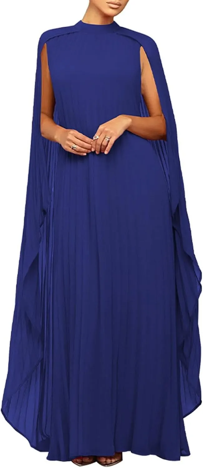 watersouprty Women's Mock Neck Cloak Sleeve Pleated Flowy Party Long Dress Wedding Guest Dresses