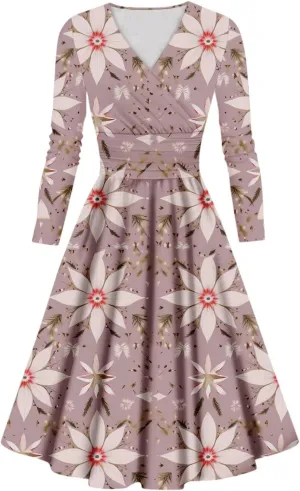 Wedding Guest Dresses for Women,Fall Outfits Ladies Fashion Casual Print Long Sleeve V-Neck Sexy Pocket Dress