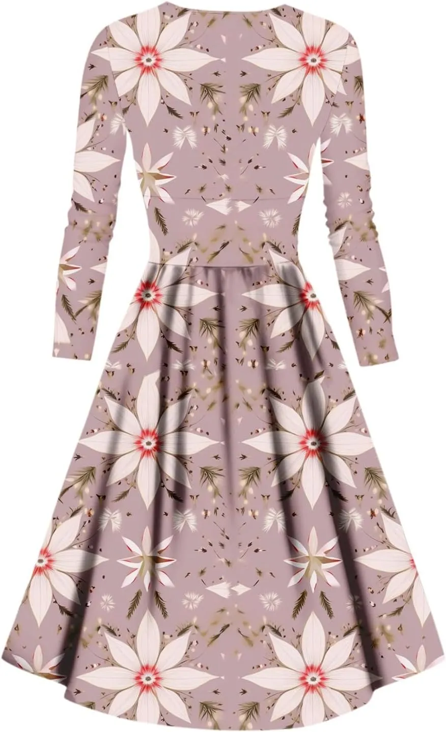 Wedding Guest Dresses for Women,Fall Outfits Ladies Fashion Casual Print Long Sleeve V-Neck Sexy Pocket Dress