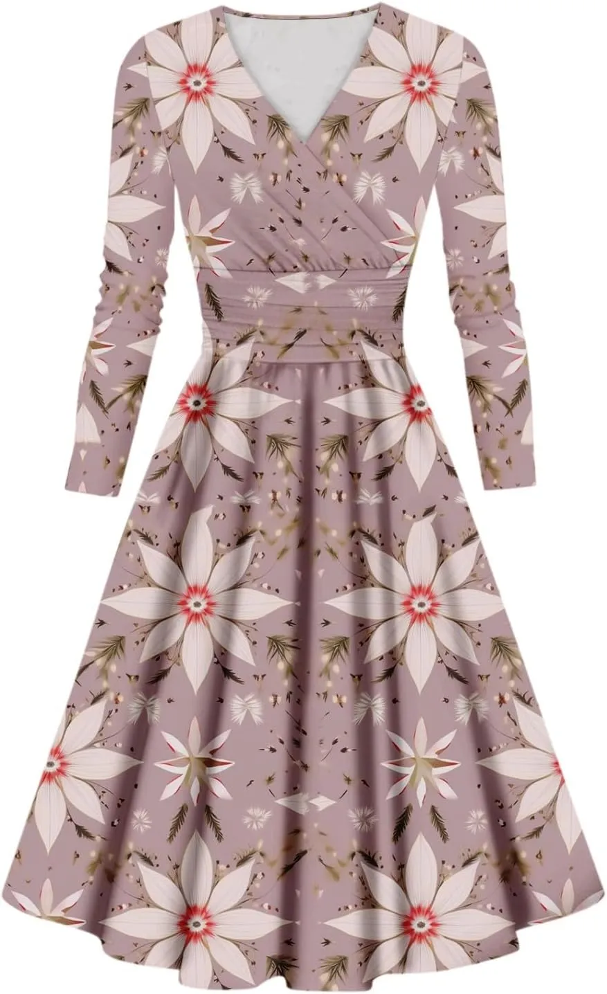 Wedding Guest Dresses for Women,Fall Outfits Ladies Fashion Casual Print Long Sleeve V-Neck Sexy Pocket Dress