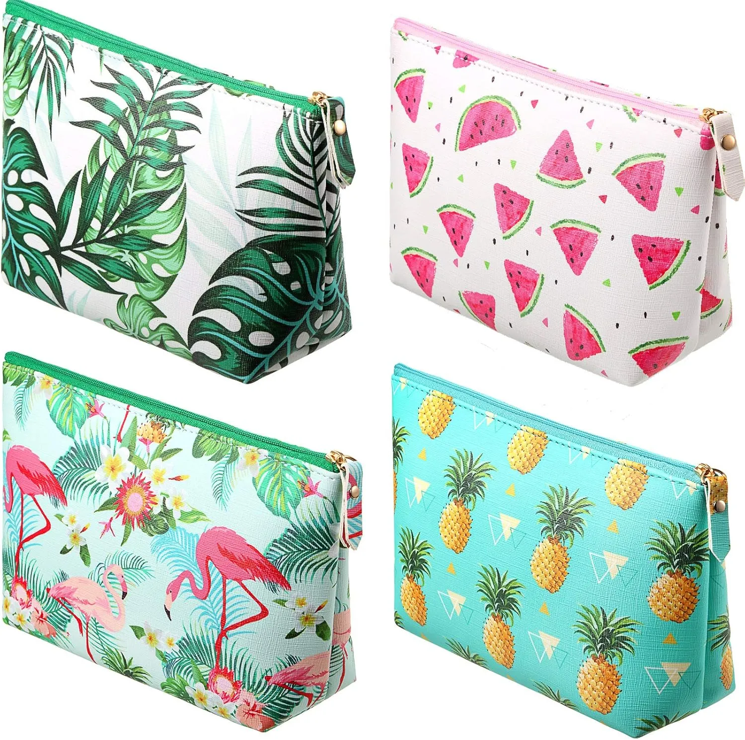 Weewooday 4 Pcs Summer Makeup Bags Tropical Cosmetic Bags Portable Travel Toiletry Bags Beach Aloha Pouch Purse with Zipper for Women Men Gifts, 4 Styles (Tropical)