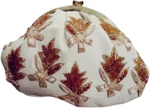 White Beaded Evening Clutch Purse with Gold Leaf Pattern  Half Frame Design | Elegant Bridal & Party Handbag