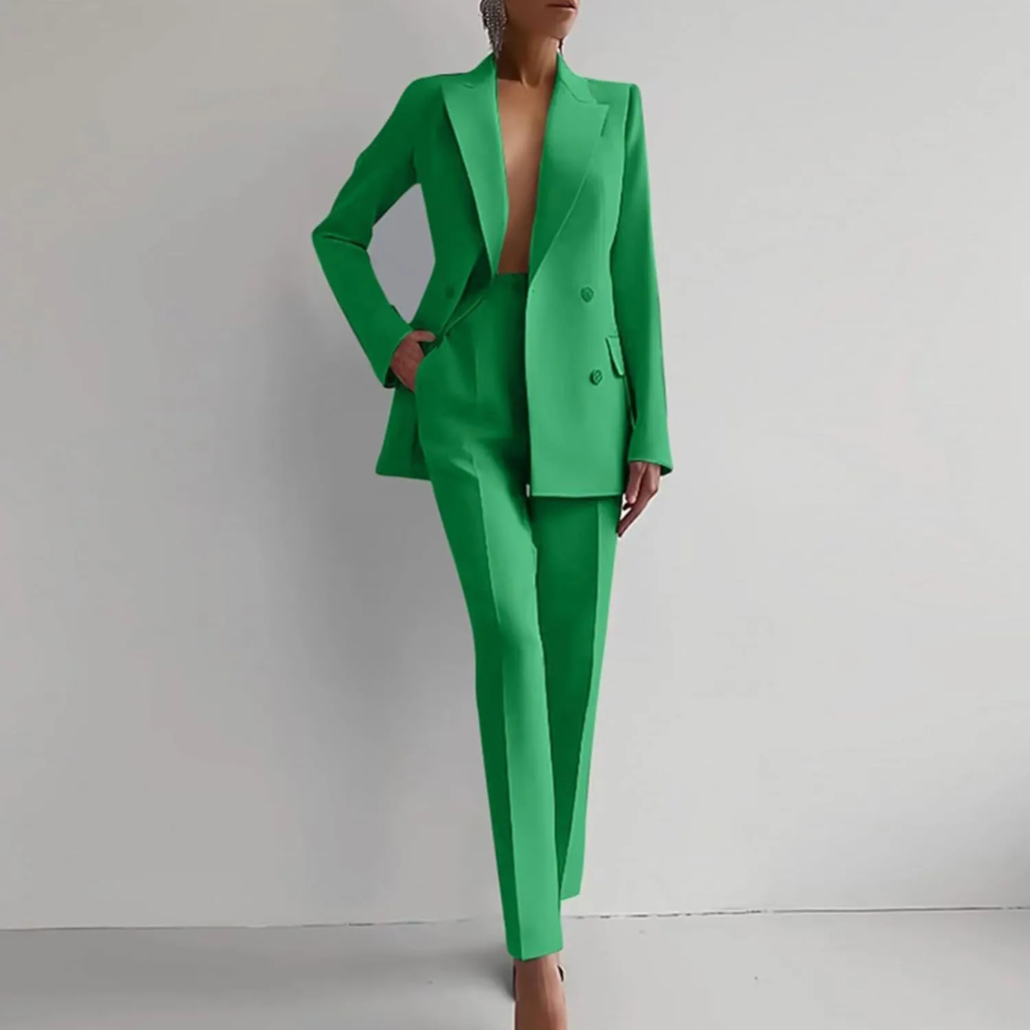 Women 2 Piece Outfits Double Breasted Blazer and Straight Leg Work Pants Casual Blazer Set Dressy Business Office Suits