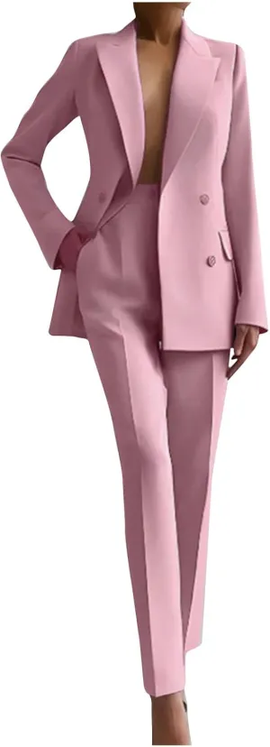 Women 2 Piece Outfits Double Breasted Blazer and Straight Leg Work Pants Casual Blazer Set Dressy Business Office Suits