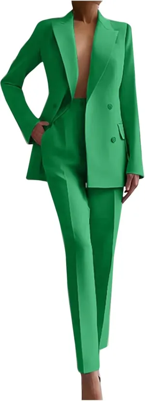 Women 2 Piece Outfits Double Breasted Blazer and Straight Leg Work Pants Casual Blazer Set Dressy Business Office Suits