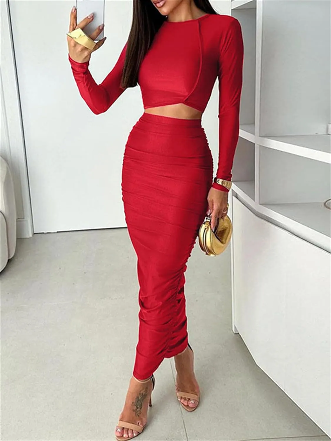 Women 2 Piece Skirt Sets Sexy Bodycon Ruched Maxi Dresses Long Sleeve Crop Tops Wrap Pencil Dress Club Outfits