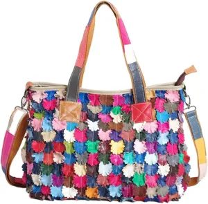Women 3D Colorful Leaf Tote Leather Multicolor Spliced Handbag Random Colour Blocking Shoulder Purse Bohemian Satchel, One Color, One Size