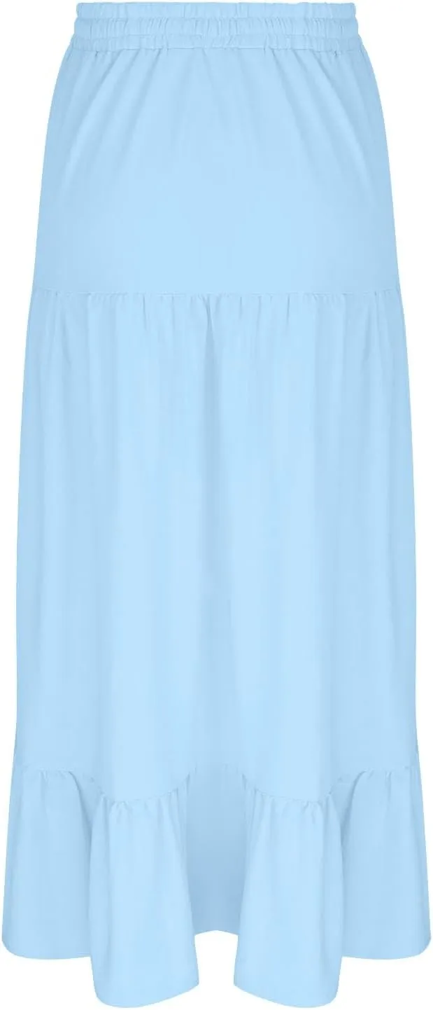 Women Boho Maxi Skirt Set Off Shoulder Ruffle Trim Ruched Crop Top and Flowy Slit Long Skirts 2 Piece Outfits Beach Wear