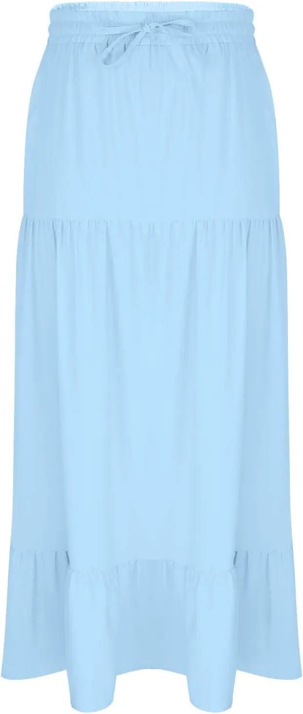 Women Boho Maxi Skirt Set Off Shoulder Ruffle Trim Ruched Crop Top and Flowy Slit Long Skirts 2 Piece Outfits Beach Wear