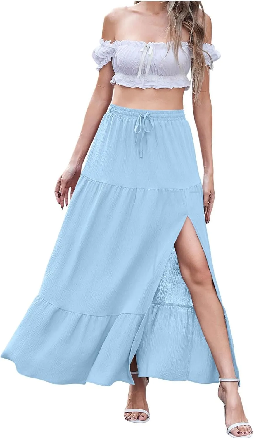 Women Boho Maxi Skirt Set Off Shoulder Ruffle Trim Ruched Crop Top and Flowy Slit Long Skirts 2 Piece Outfits Beach Wear