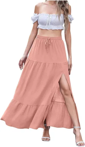 Women Boho Maxi Skirt Set Off Shoulder Ruffle Trim Ruched Crop Top and Flowy Slit Long Skirts 2 Piece Outfits Beach Wear