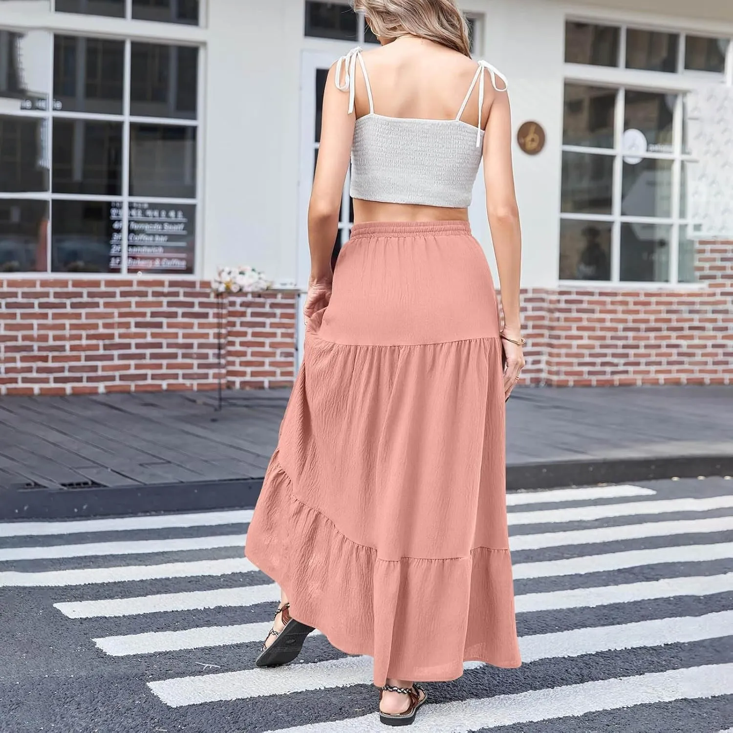 Women Boho Maxi Skirt Set Off Shoulder Ruffle Trim Ruched Crop Top and Flowy Slit Long Skirts 2 Piece Outfits Beach Wear
