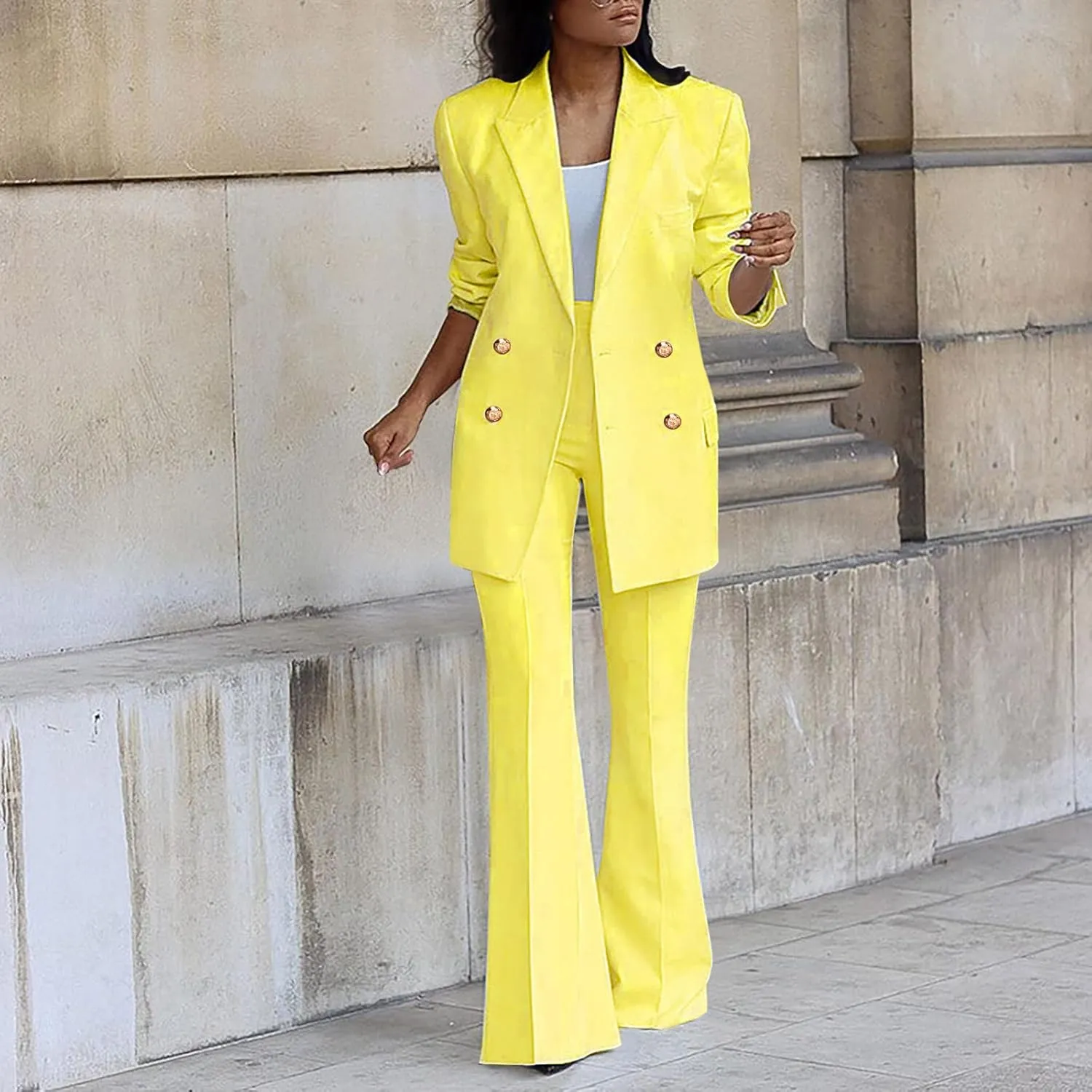 Women Business Casual Outfits Two Piece Office Sets Open Front Long Sleeve Blazer Jackets Flare High Waisted Pants