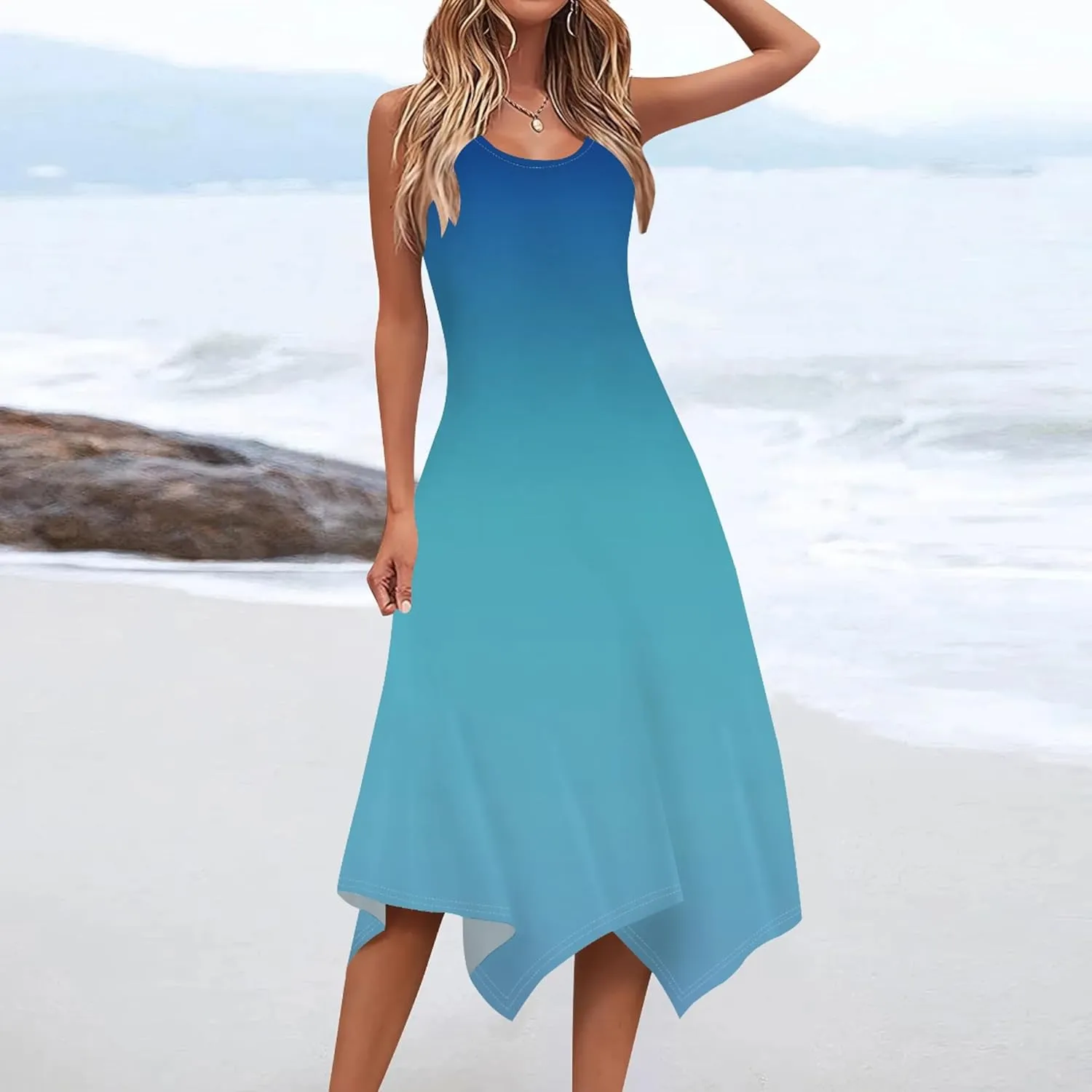 Women Casual Solid Color Summer Dress Sleeveless Pleated T Shirt Boho Beach Sundress Hankerchief Hem Swing Tank Midi Dresses