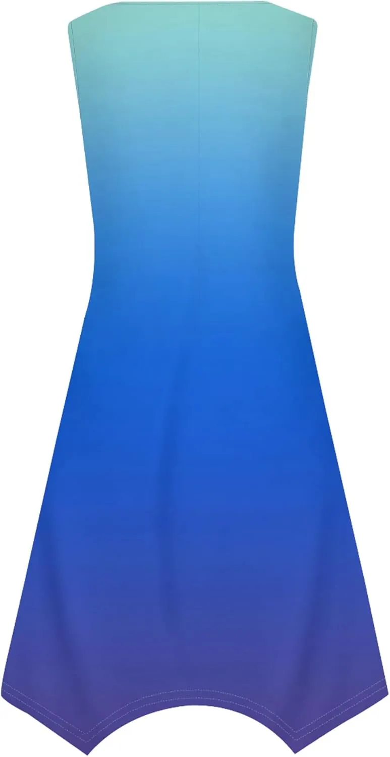 Women Casual Solid Color Summer Dress Sleeveless Pleated T Shirt Boho Beach Sundress Hankerchief Hem Swing Tank Midi Dresses