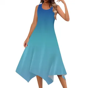 Women Casual Solid Color Summer Dress Sleeveless Pleated T Shirt Boho Beach Sundress Hankerchief Hem Swing Tank Midi Dresses