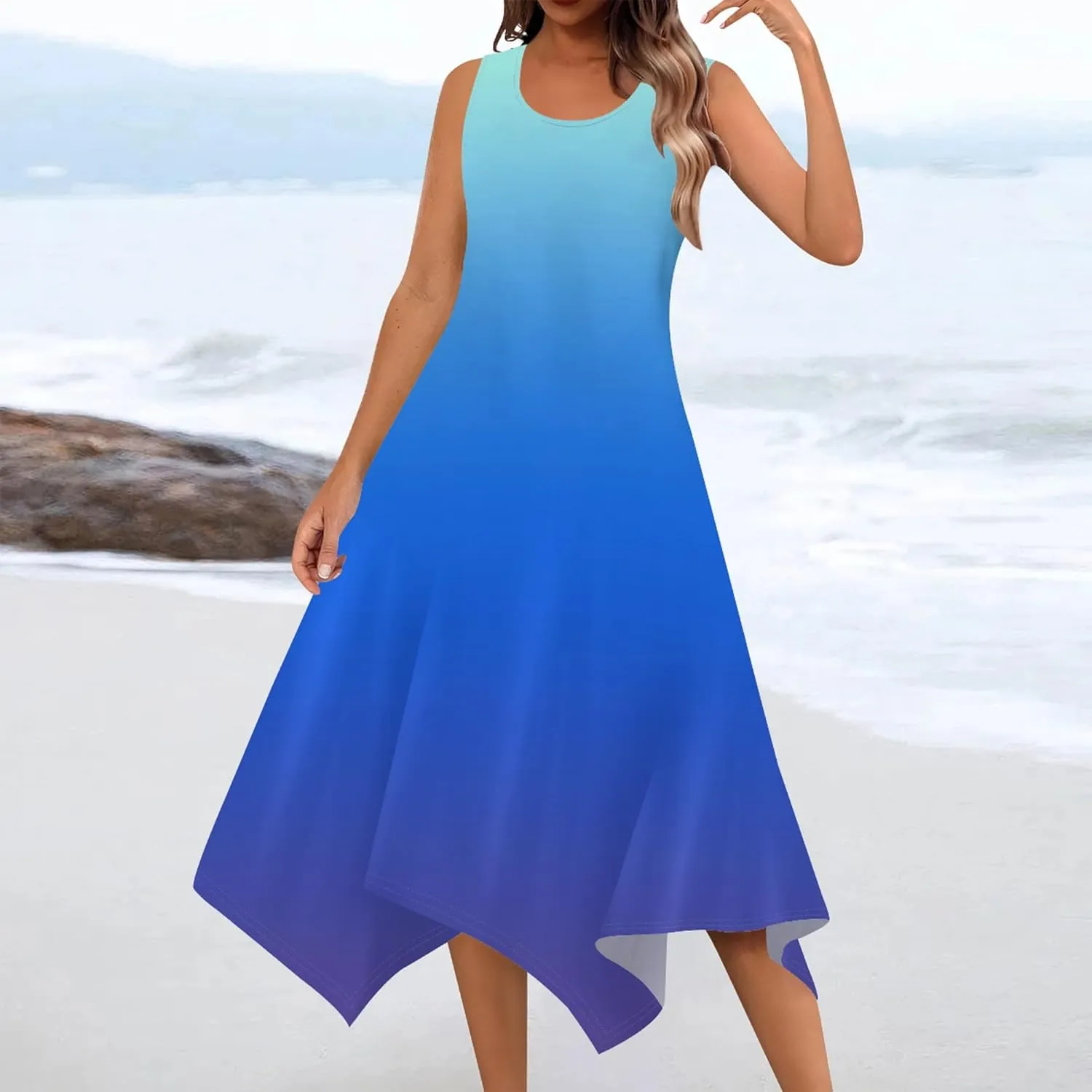 Women Casual Solid Color Summer Dress Sleeveless Pleated T Shirt Boho Beach Sundress Hankerchief Hem Swing Tank Midi Dresses