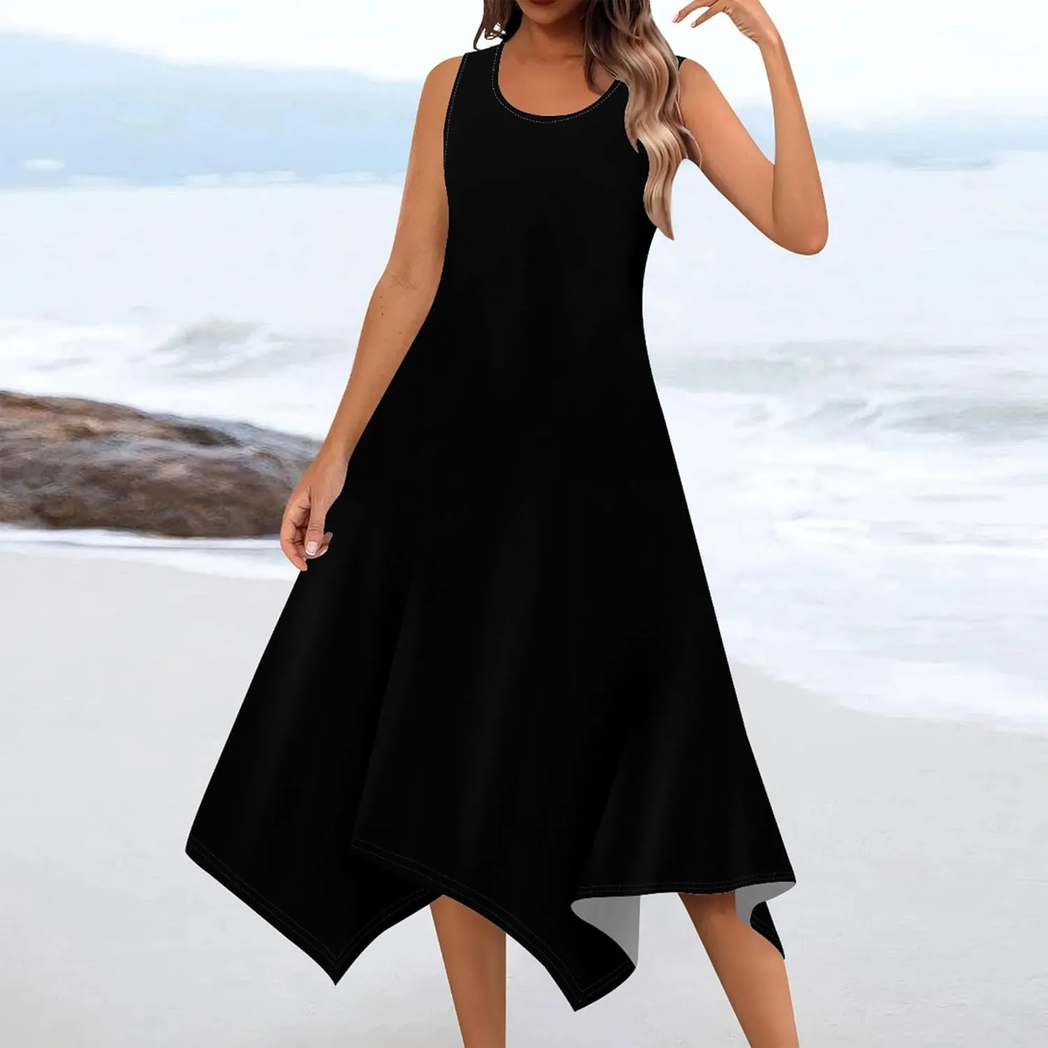 Women Casual Solid Color Summer Dress Sleeveless Pleated T Shirt Boho Beach Sundress Hankerchief Hem Swing Tank Midi Dresses