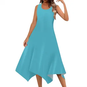 Women Casual Solid Color Summer Dress Sleeveless Pleated T Shirt Boho Beach Sundress Hankerchief Hem Swing Tank Midi Dresses