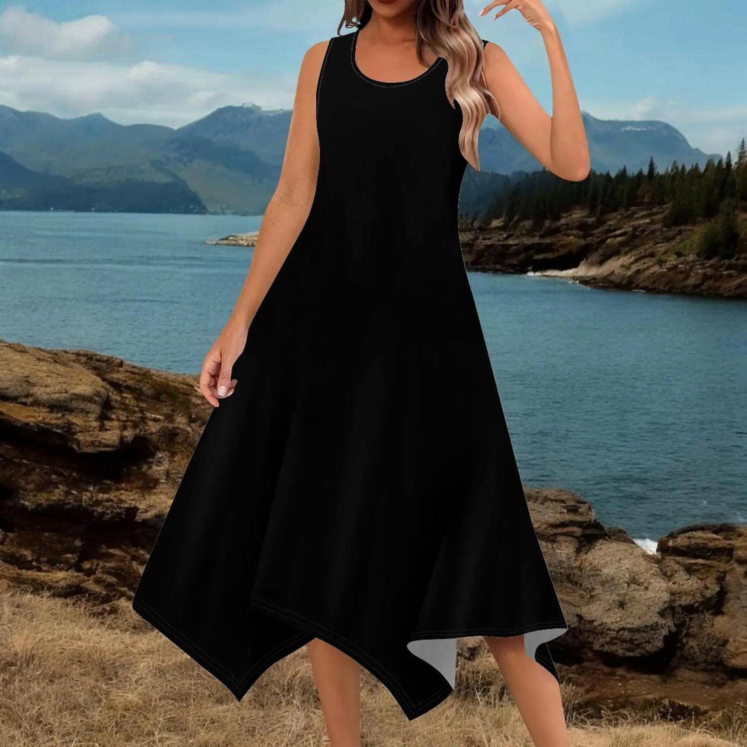 Women Casual Solid Color Summer Dress Sleeveless Pleated T Shirt Boho Beach Sundress Hankerchief Hem Swing Tank Midi Dresses