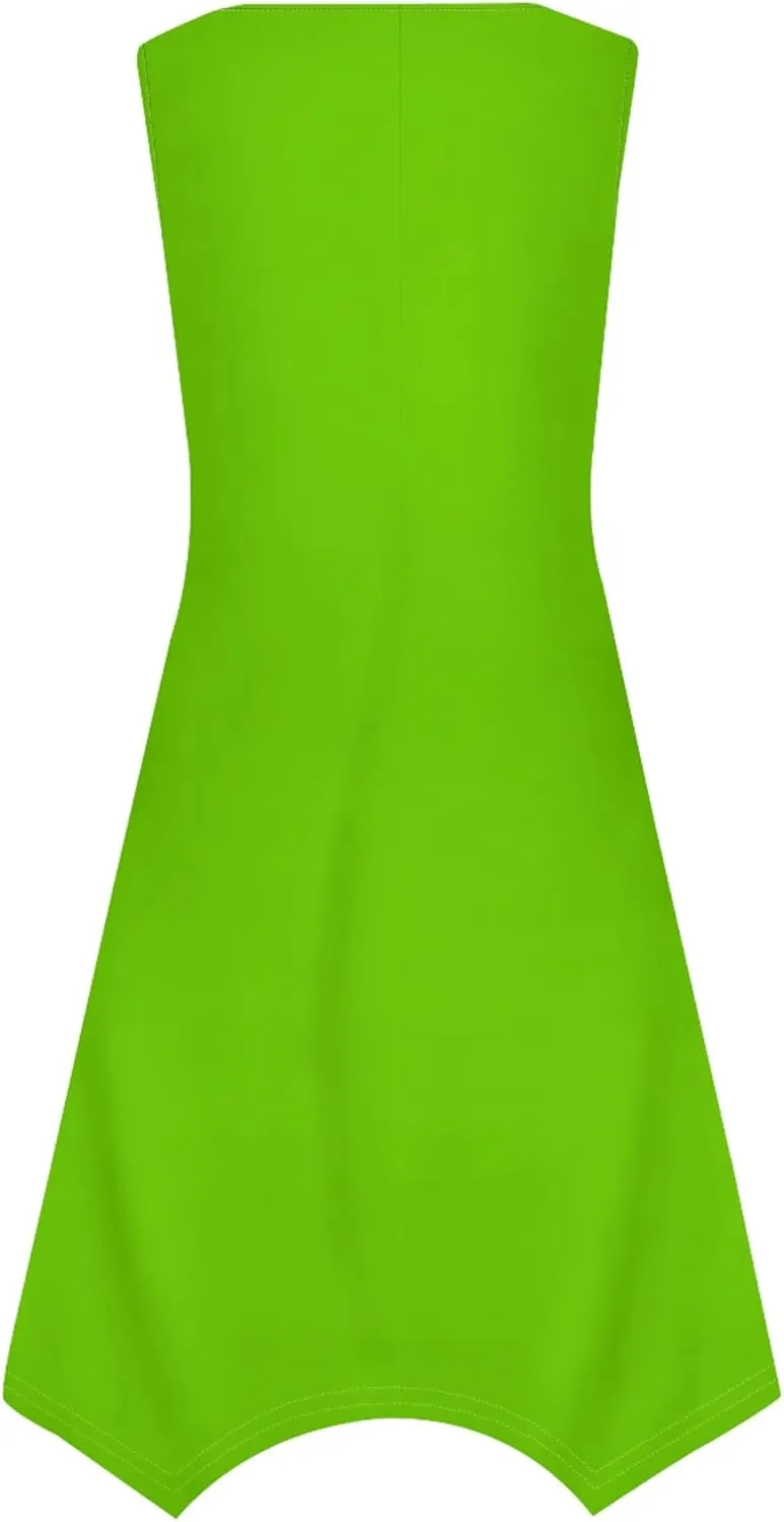 Women Casual Solid Color Summer Dress Sleeveless Pleated T Shirt Boho Beach Sundress Hankerchief Hem Swing Tank Midi Dresses