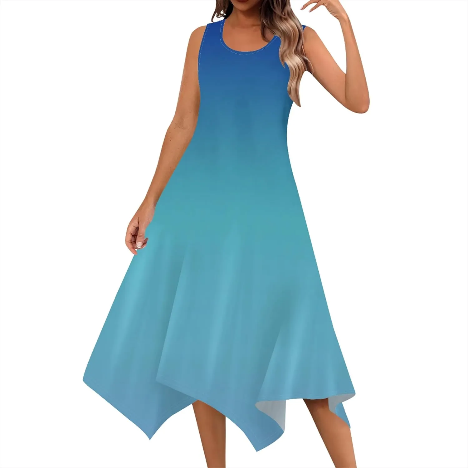 Women Casual Solid Color Summer Dress Sleeveless Pleated T Shirt Boho Beach Sundress Hankerchief Hem Swing Tank Midi Dresses