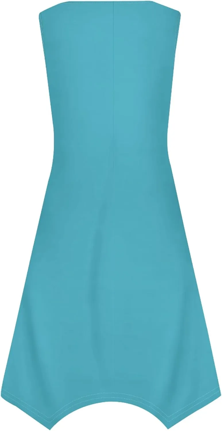 Women Casual Solid Color Summer Dress Sleeveless Pleated T Shirt Boho Beach Sundress Hankerchief Hem Swing Tank Midi Dresses