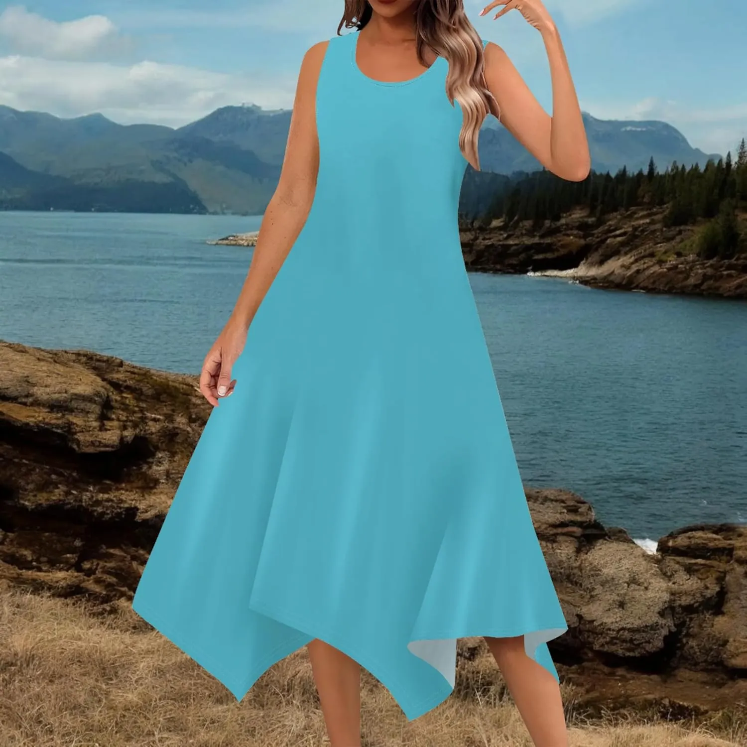 Women Casual Solid Color Summer Dress Sleeveless Pleated T Shirt Boho Beach Sundress Hankerchief Hem Swing Tank Midi Dresses