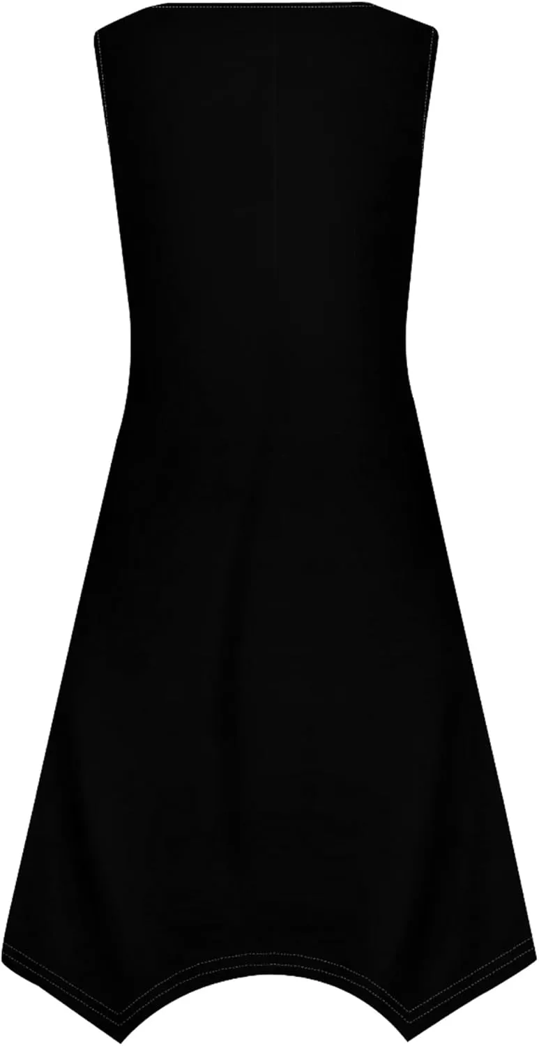 Women Casual Solid Color Summer Dress Sleeveless Pleated T Shirt Boho Beach Sundress Hankerchief Hem Swing Tank Midi Dresses