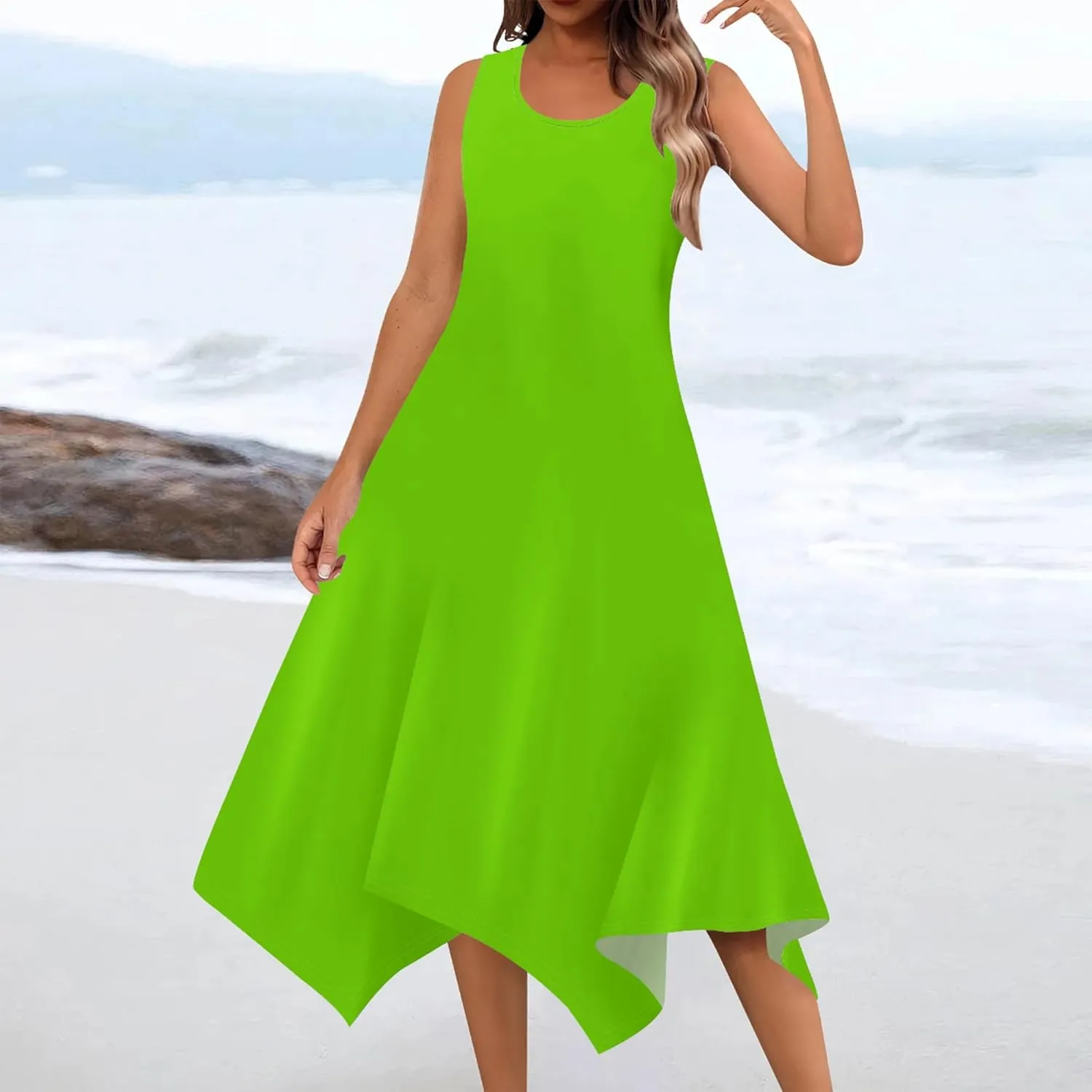 Women Casual Solid Color Summer Dress Sleeveless Pleated T Shirt Boho Beach Sundress Hankerchief Hem Swing Tank Midi Dresses