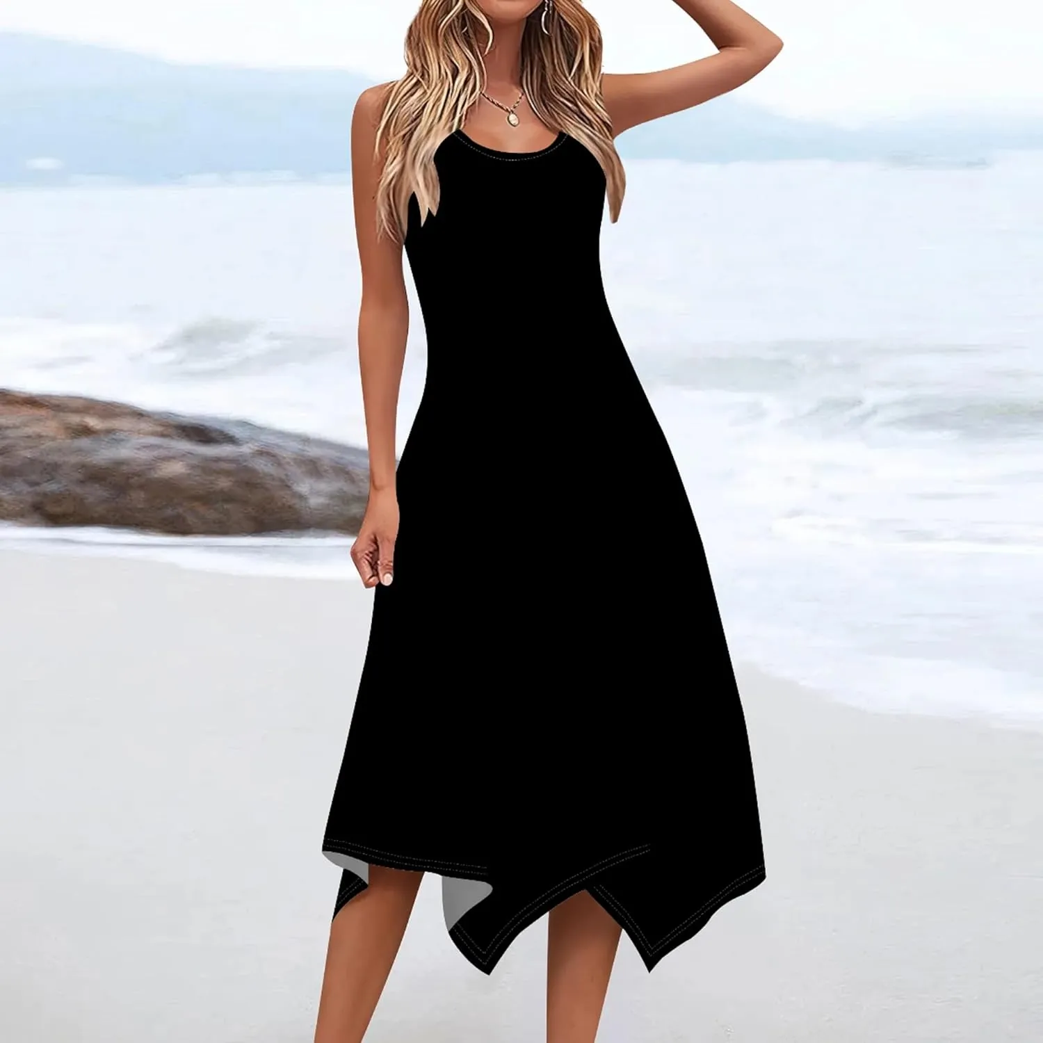 Women Casual Solid Color Summer Dress Sleeveless Pleated T Shirt Boho Beach Sundress Hankerchief Hem Swing Tank Midi Dresses