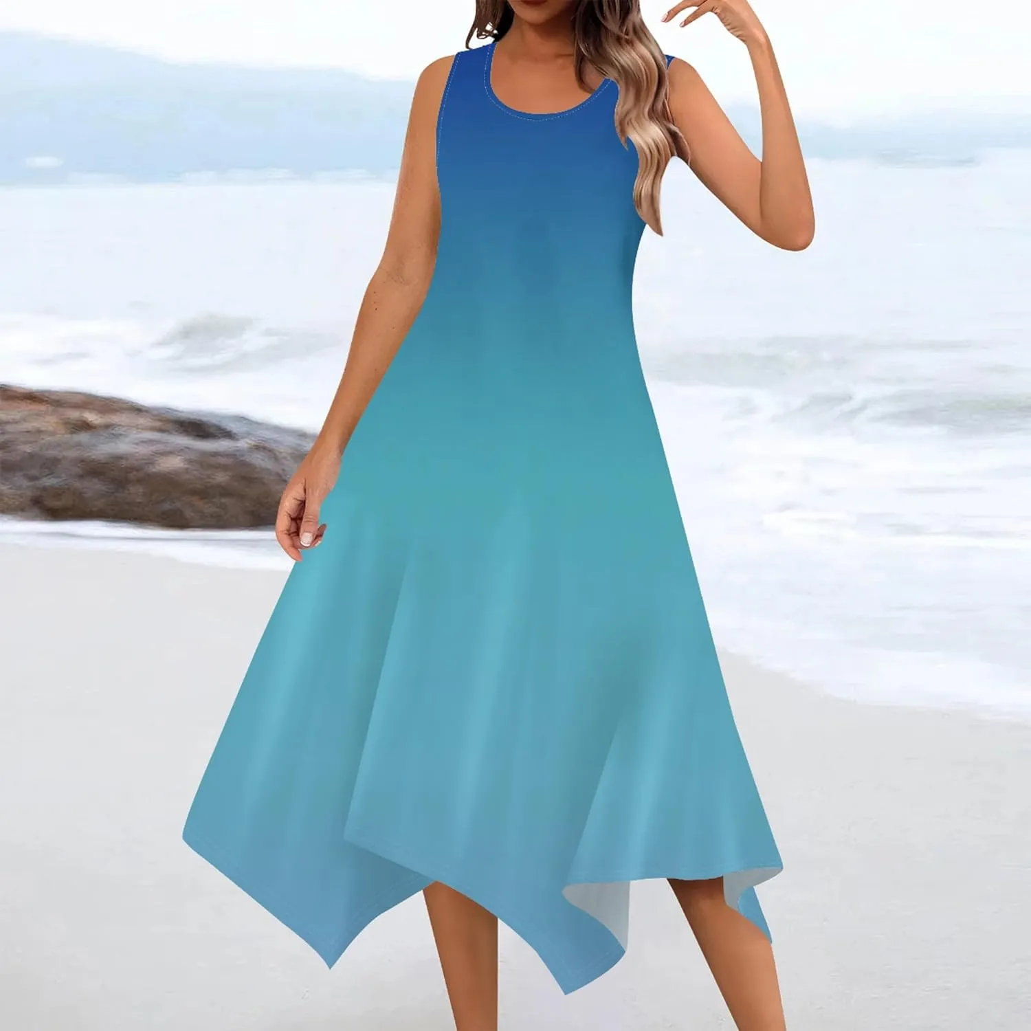 Women Casual Solid Color Summer Dress Sleeveless Pleated T Shirt Boho Beach Sundress Hankerchief Hem Swing Tank Midi Dresses
