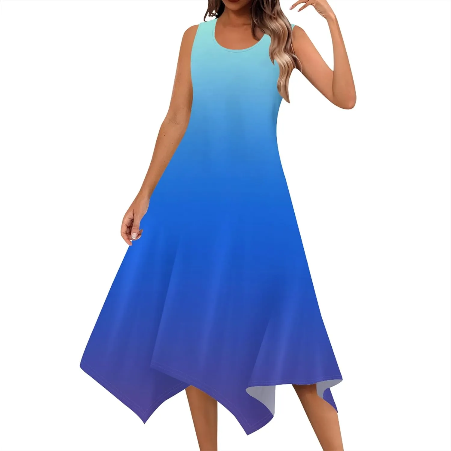 Women Casual Solid Color Summer Dress Sleeveless Pleated T Shirt Boho Beach Sundress Hankerchief Hem Swing Tank Midi Dresses
