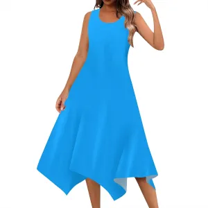 Women Casual Solid Color Summer Dress Sleeveless Pleated T Shirt Boho Beach Sundress Hankerchief Hem Swing Tank Midi Dresses