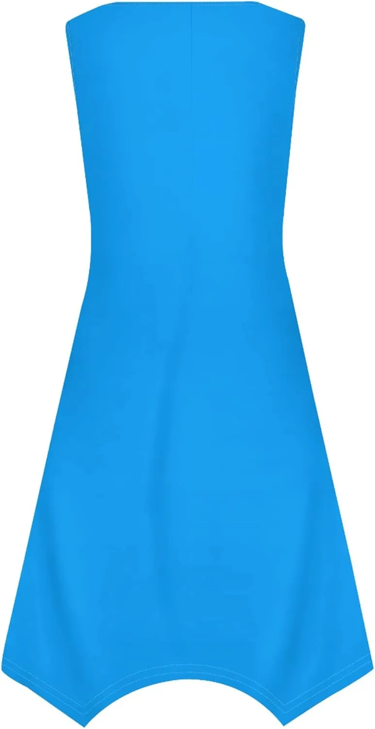 Women Casual Solid Color Summer Dress Sleeveless Pleated T Shirt Boho Beach Sundress Hankerchief Hem Swing Tank Midi Dresses