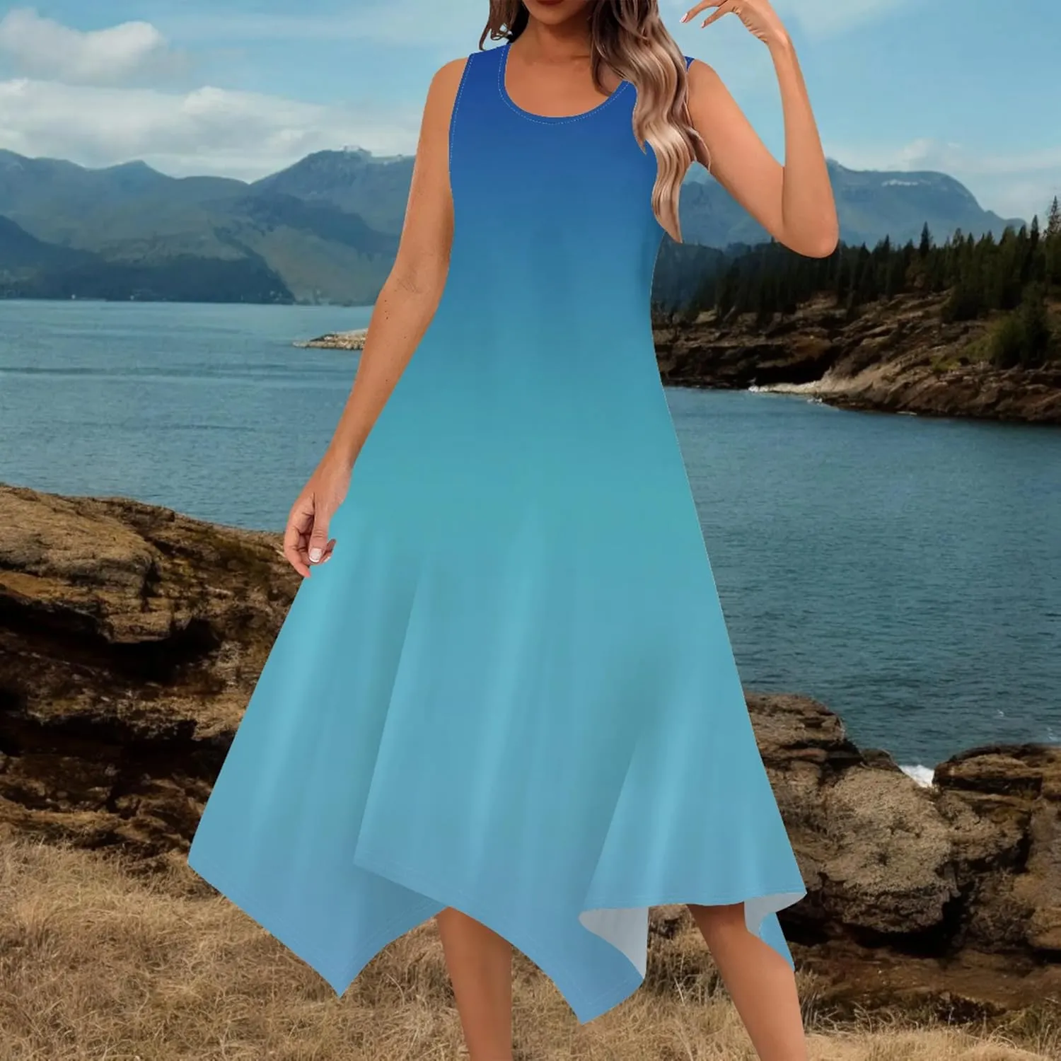 Women Casual Solid Color Summer Dress Sleeveless Pleated T Shirt Boho Beach Sundress Hankerchief Hem Swing Tank Midi Dresses
