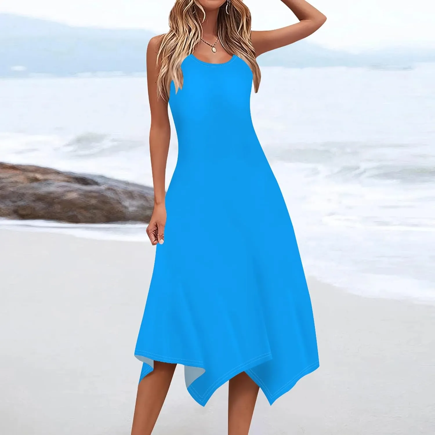 Women Casual Solid Color Summer Dress Sleeveless Pleated T Shirt Boho Beach Sundress Hankerchief Hem Swing Tank Midi Dresses