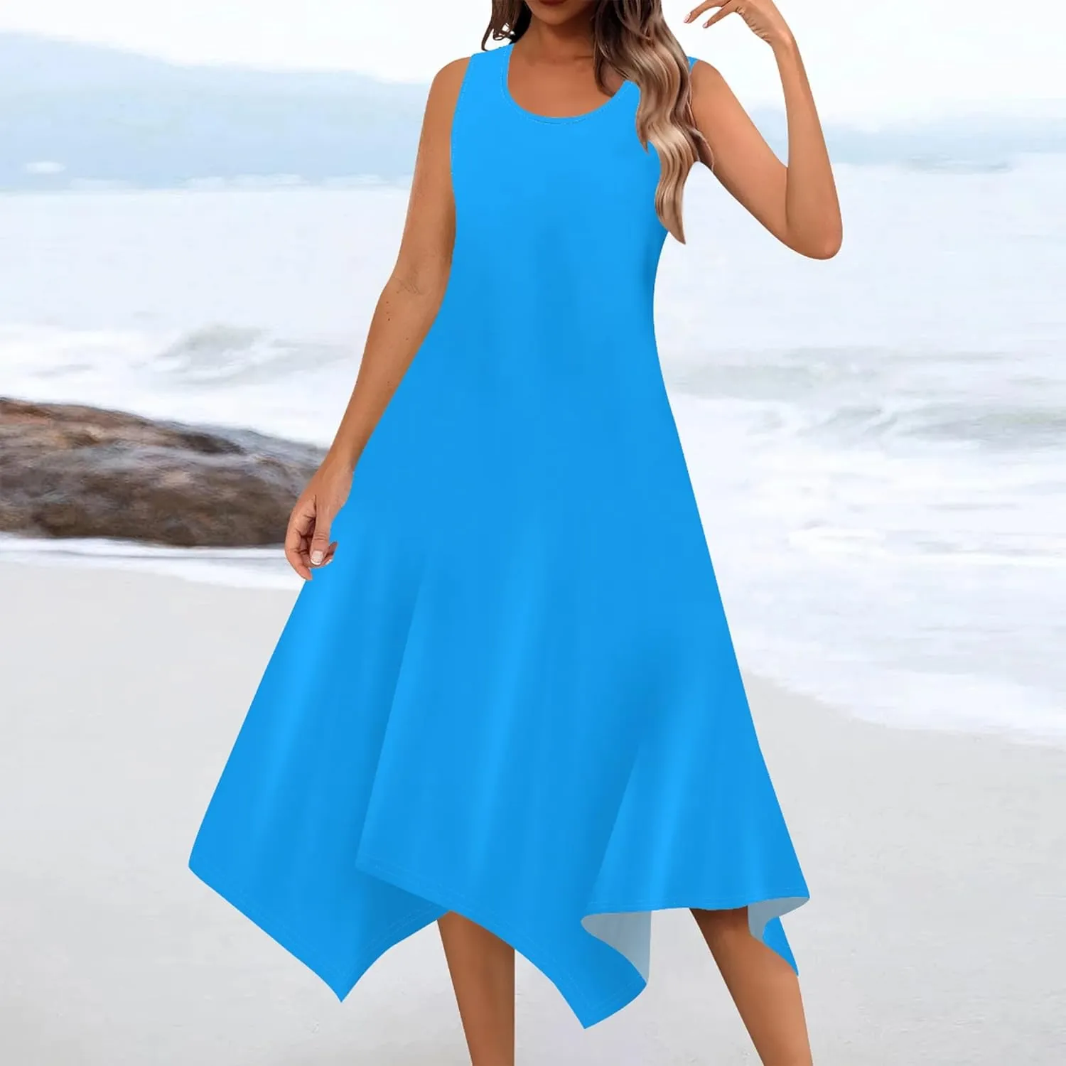 Women Casual Solid Color Summer Dress Sleeveless Pleated T Shirt Boho Beach Sundress Hankerchief Hem Swing Tank Midi Dresses