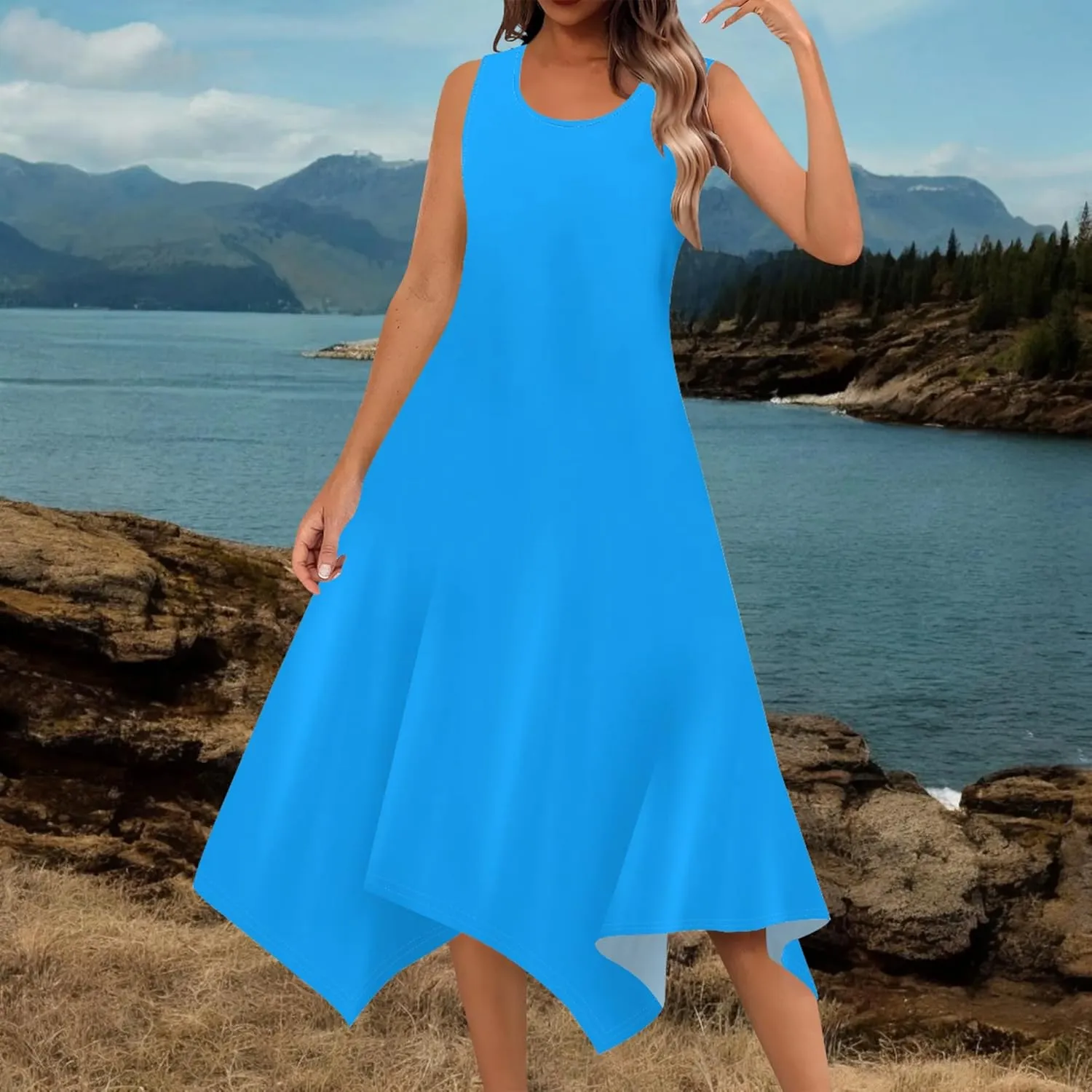 Women Casual Solid Color Summer Dress Sleeveless Pleated T Shirt Boho Beach Sundress Hankerchief Hem Swing Tank Midi Dresses