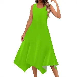 Women Casual Solid Color Summer Dress Sleeveless Pleated T Shirt Boho Beach Sundress Hankerchief Hem Swing Tank Midi Dresses