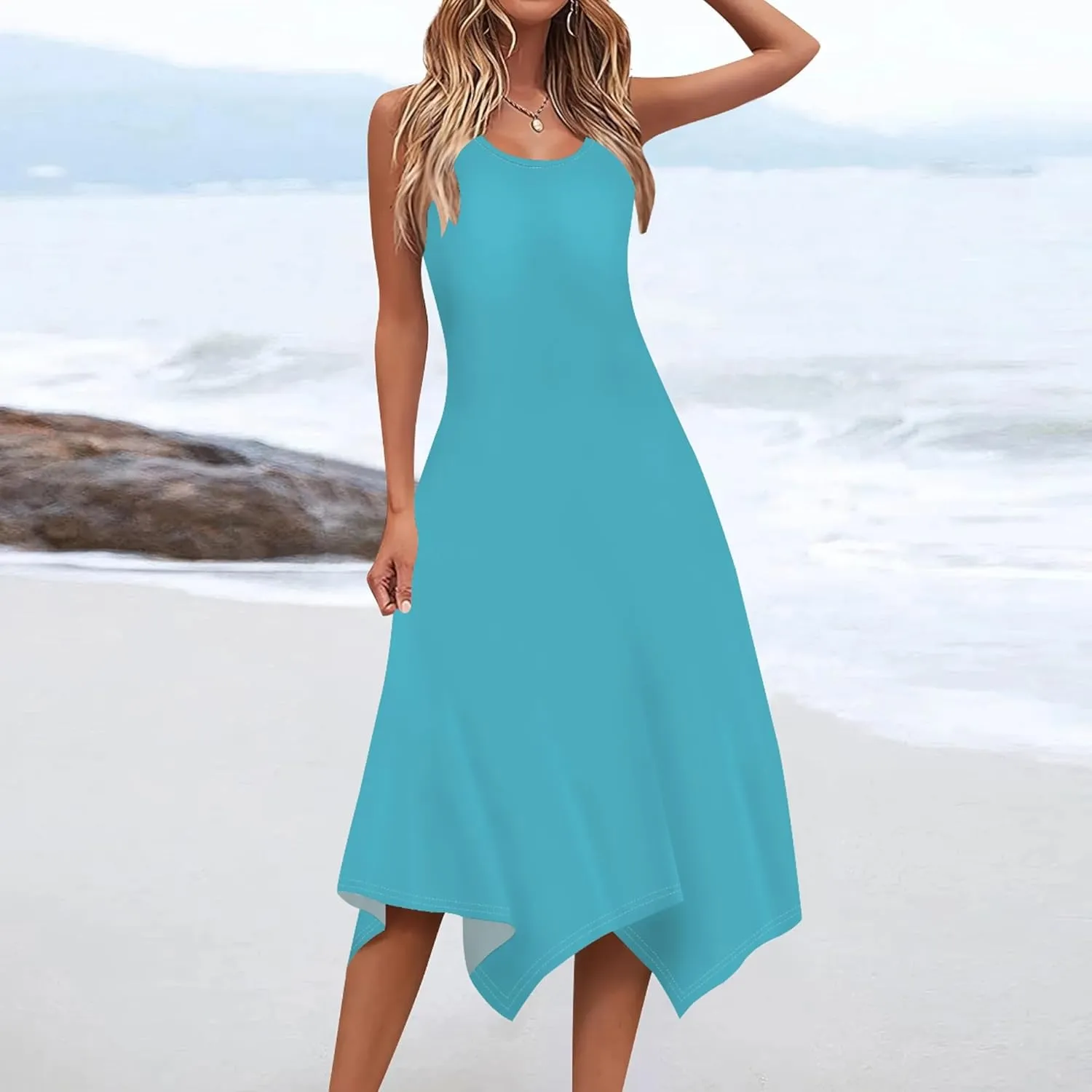 Women Casual Solid Color Summer Dress Sleeveless Pleated T Shirt Boho Beach Sundress Hankerchief Hem Swing Tank Midi Dresses