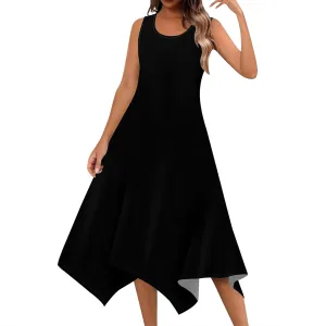 Women Casual Solid Color Summer Dress Sleeveless Pleated T Shirt Boho Beach Sundress Hankerchief Hem Swing Tank Midi Dresses